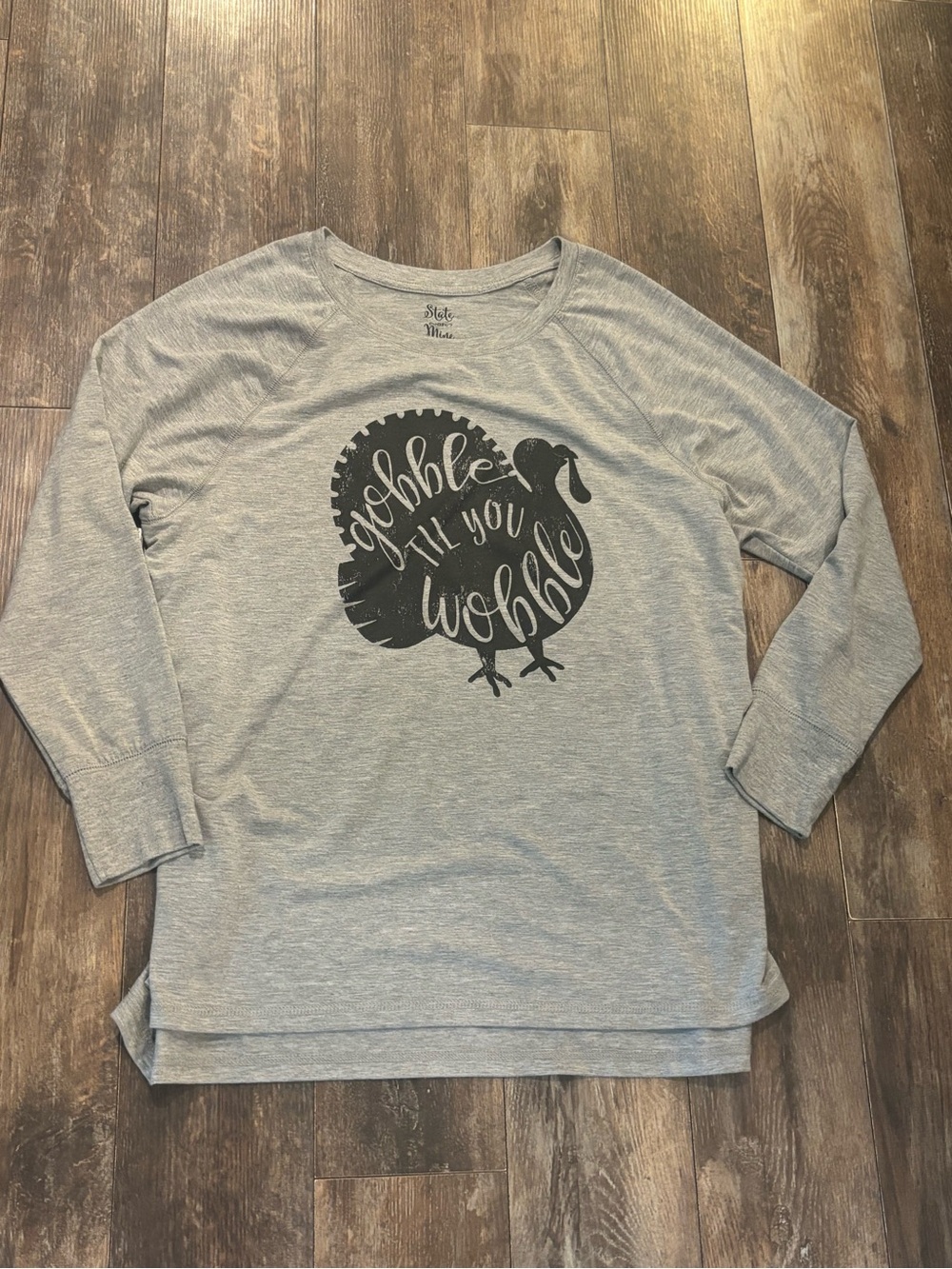 State of Mind Gray Top with Black Print thanksgiving gobble til you wobble